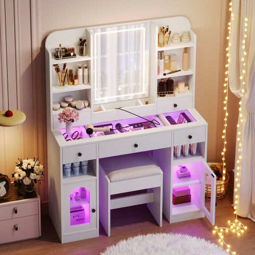 43.2 Vanity Desk With LED Mirror And Lights, Glass Top Vanity With RGB Glass Light Cabinets, Dressing Table With 5 Drawers ,Storage Shelves And Stool For Bedroom, White