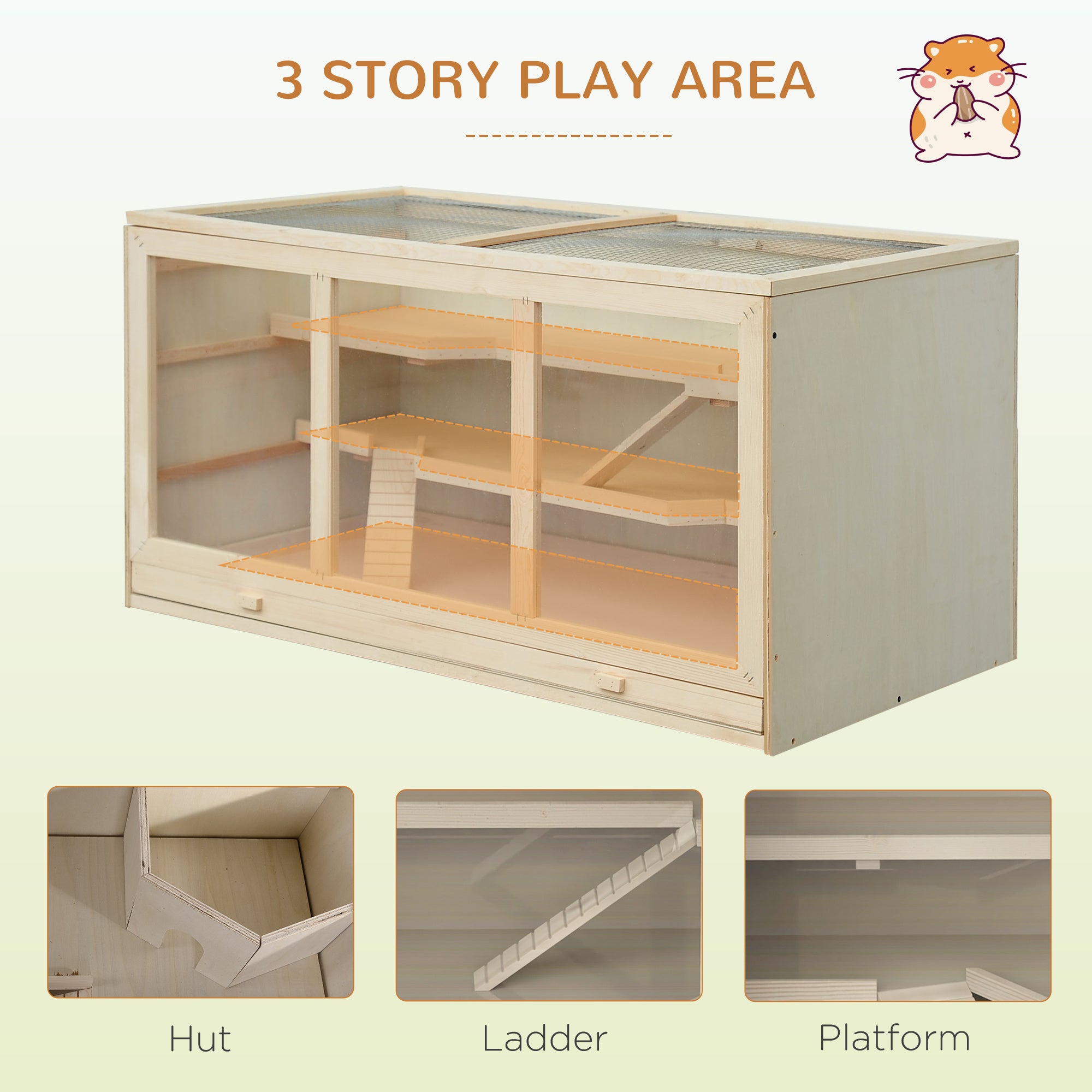 Hamster Cage 3 Tiers Wooden Big Habitat Mice Rat Exercise Play House Pen Opening Roof Ramps