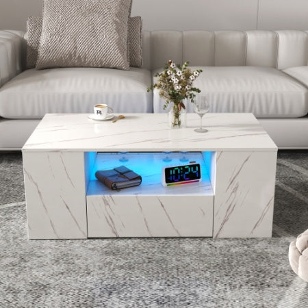 Modern Coffee Tables For Living Room, LED Coffee Table, Storage Coffee Table, Small Coffee Table, Wood Center Table With 2 Drawers And Open Side Shelf