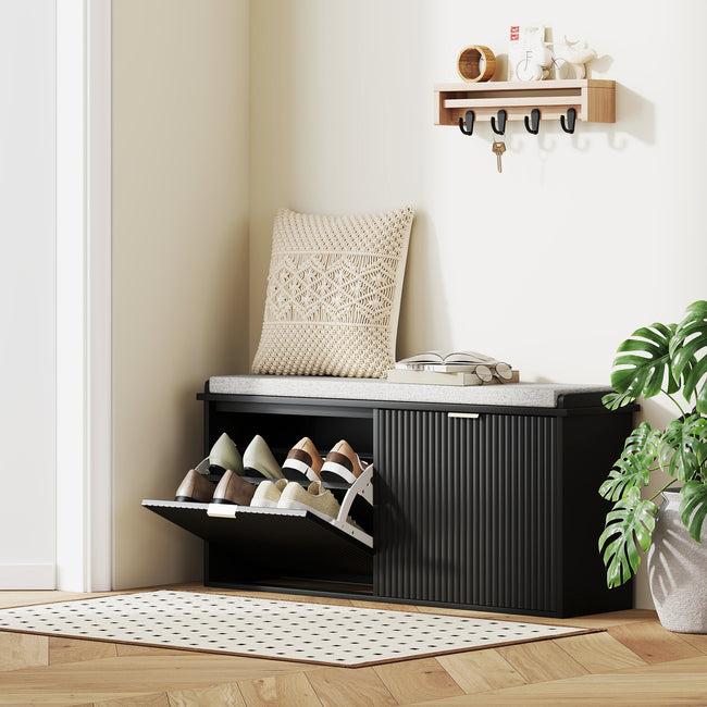 Shoe Storage Bench With Padded Seat Cushion And Flip-Drawer, Entryway Bench, Shoe Cabinet, 40.9x10.2x18.7 Inches, Black