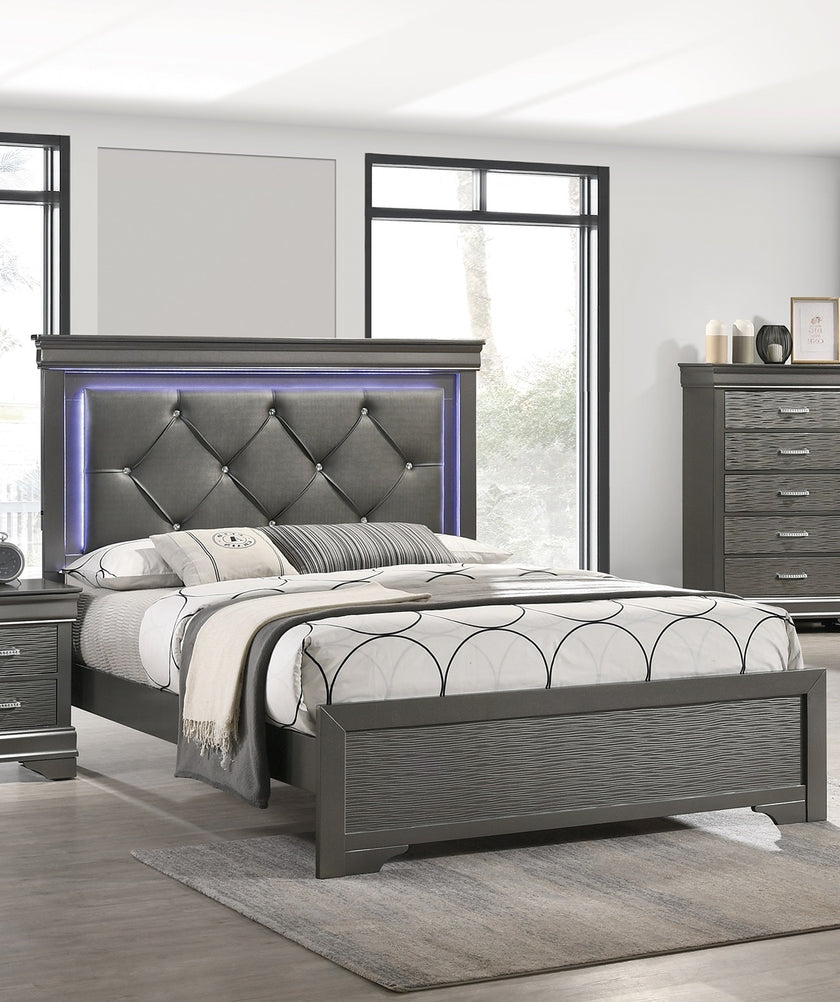 Dark Gray Faux Leather Tufted Headboard 1pc Queen Size Bed W LED Bedroom Furniture Gray Unique Texture FB Solid Wood
