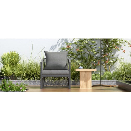 Modern Gray Curved Aluminum Lounge Chair With Stylish Rope-Weave Design And Cushioned Comfort, Perfect For Outdoor Living