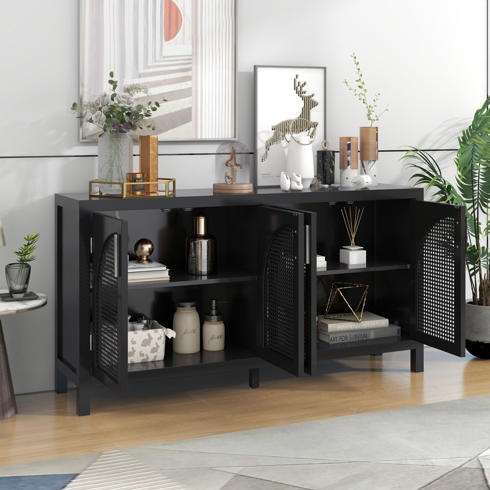 TREXM Sideboard With Rattan Door & Metal Handles For Living Room