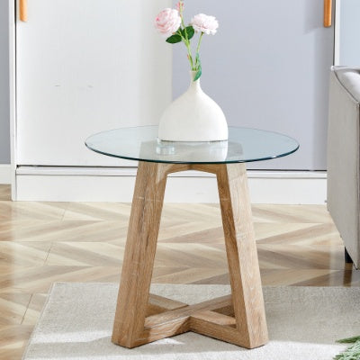 Modern And Practical Round Table. Made Of Clear Tempered Glass Top And Wood-coloured MDF Material. Suitable For Living Rooms And Bedrooms