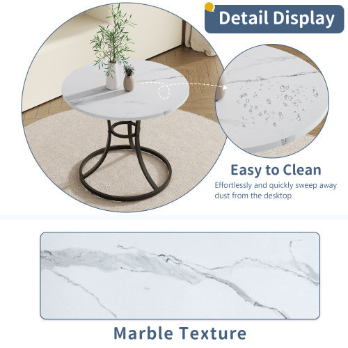 A Modern Minimalist Circular Table With A Diameter Of 33.3 Inches, An Elegant And Practical Choice.White Marble Textured Pattern Desktop, Paired With Uniquely Shaped Metal Leg.