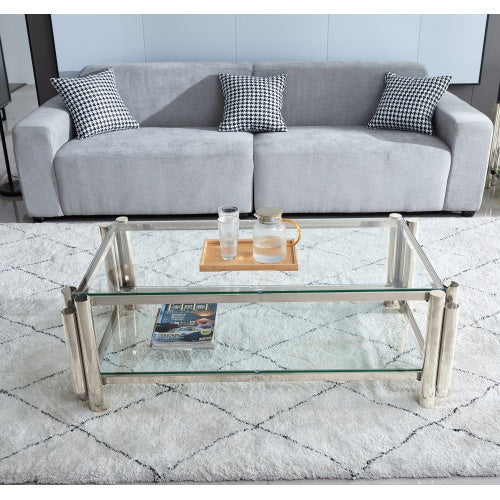 50 Wide Rectangle Modern Stainless Steel Coffee Table, Double-Layer Clear Tempered Glass Coffee Table, Center Table With Storage, For Living Room Home Office, Easy Assembly, Silver
