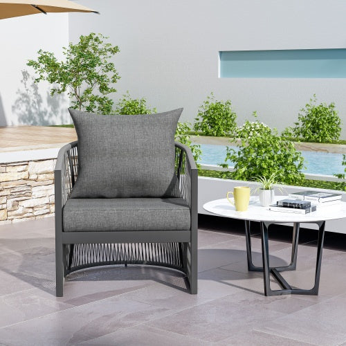 Modern Gray Curved Aluminum Lounge Chair With Stylish Rope-Weave Design And Cushioned Comfort, Perfect For Outdoor Living