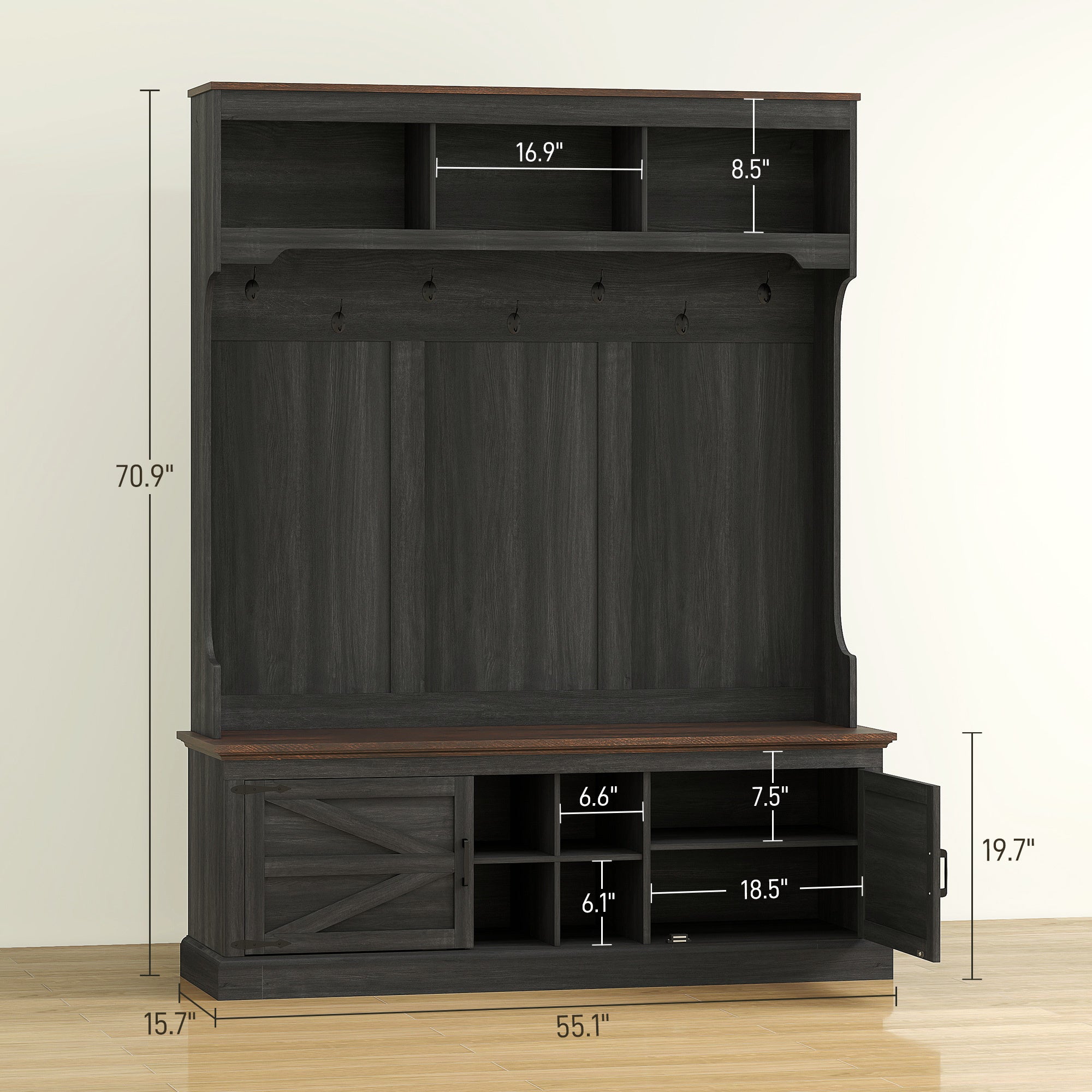 3-in-1 Hall Tree With Shoe Storage, Coat Rack With Bench, Entryway Furniture With Hooks, Black Wood Grain