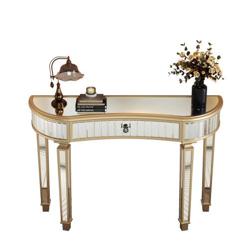 47 Half  Moon Mirrored Console Table With Fluted Glass  Crystal Knob Drawer  Silver Entryway Vanity Desk For BedroomDressing RoomGold Sliver