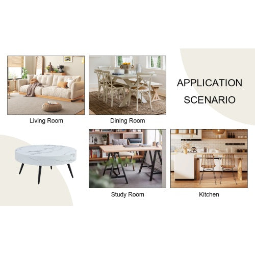 31.5 White Marble-Patterned MDF Round Coffee Table With Black Metal Legs.Adjustable Feet,Coffee Table,Round Table Design,MDF Material,White Marble Pattern