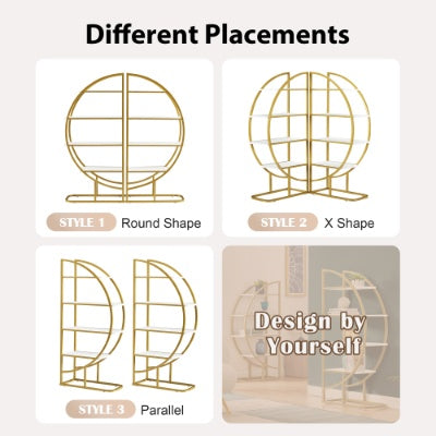 4 Tiers Home Office Open Bookshelf, Round Shape, Different Placement Ways, MDF Board, Gold Metal Frame, Golden