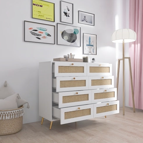 White Color 8 Drawers Chest Of Drawers With Rattan Drawer Face Golden Legs And Handles