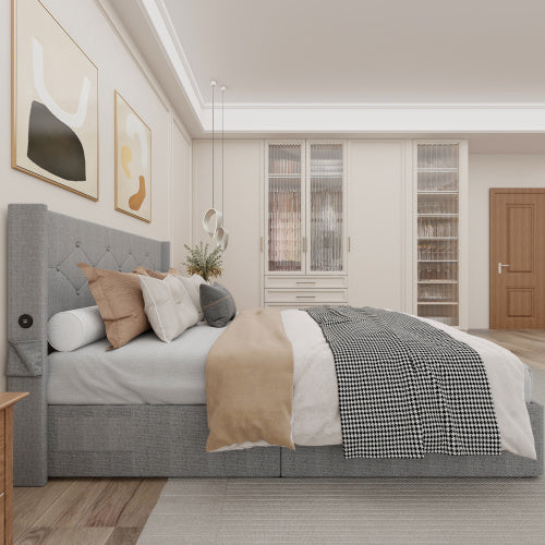 Full Size Bed Frame With Gas Lift Storage Bed With Modern Wingback Headboard, USB