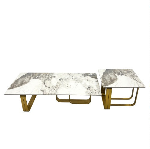 Modern Rectangular Coffee Table Set With Sintered Stone Top, Gold Metal Frame, For Bedroom, Living Room