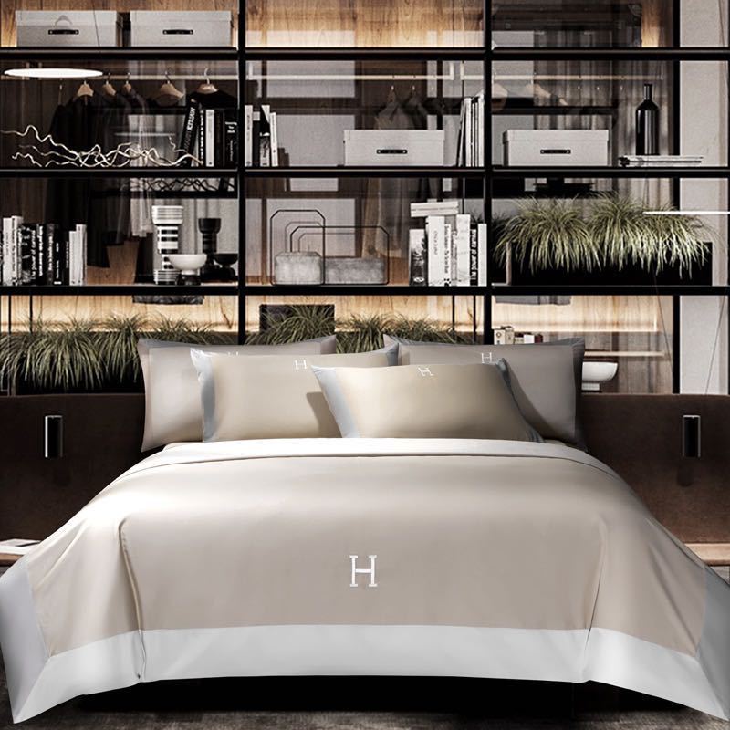 Light Luxury Solid Color 60 Long-Staple Cotton Letter Embroidery Four-Piece Set