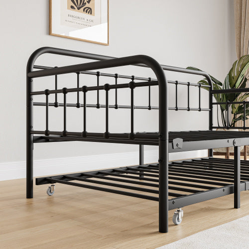 Twin Size Metal Daybed Frame With Trundle, Heavy Duty Steel Slat Support Sofa Bed Platform With Headboard, No Box Spring Needed, Black