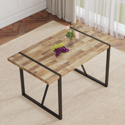 A Minimalist Retro Rectangular Dining Table With A Specially Textured Top And Black Metal Legs.Contemporary Minimalist MDF Wood Color Textured Tabletop.Able To Give People A Visual Beauty With Rules.