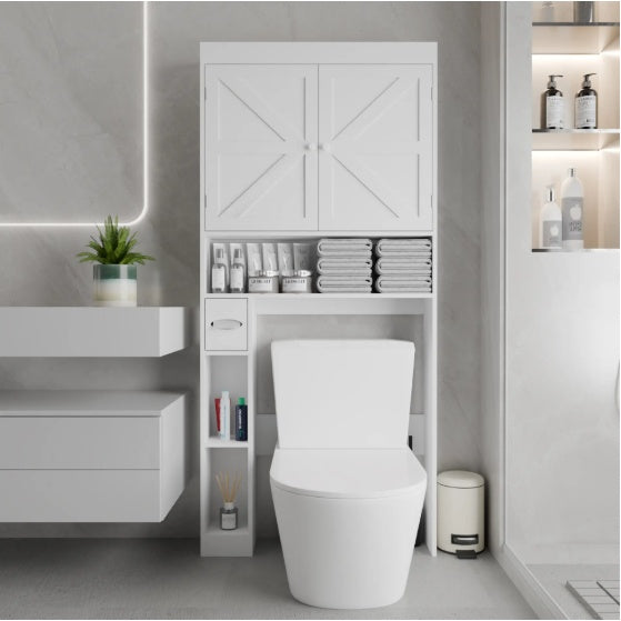 Over The Toilet Storage Cabinet With 2 Door  Home Space Saving Toilet Rack, Farmhouse Style For Bathroom, Restroom, Laundry