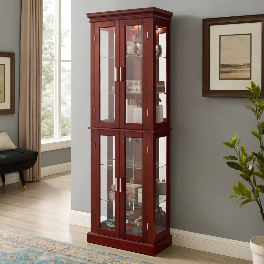 Lighted Curio Display Cabinet With Adjustable Shelves & Mirrored Back Panel