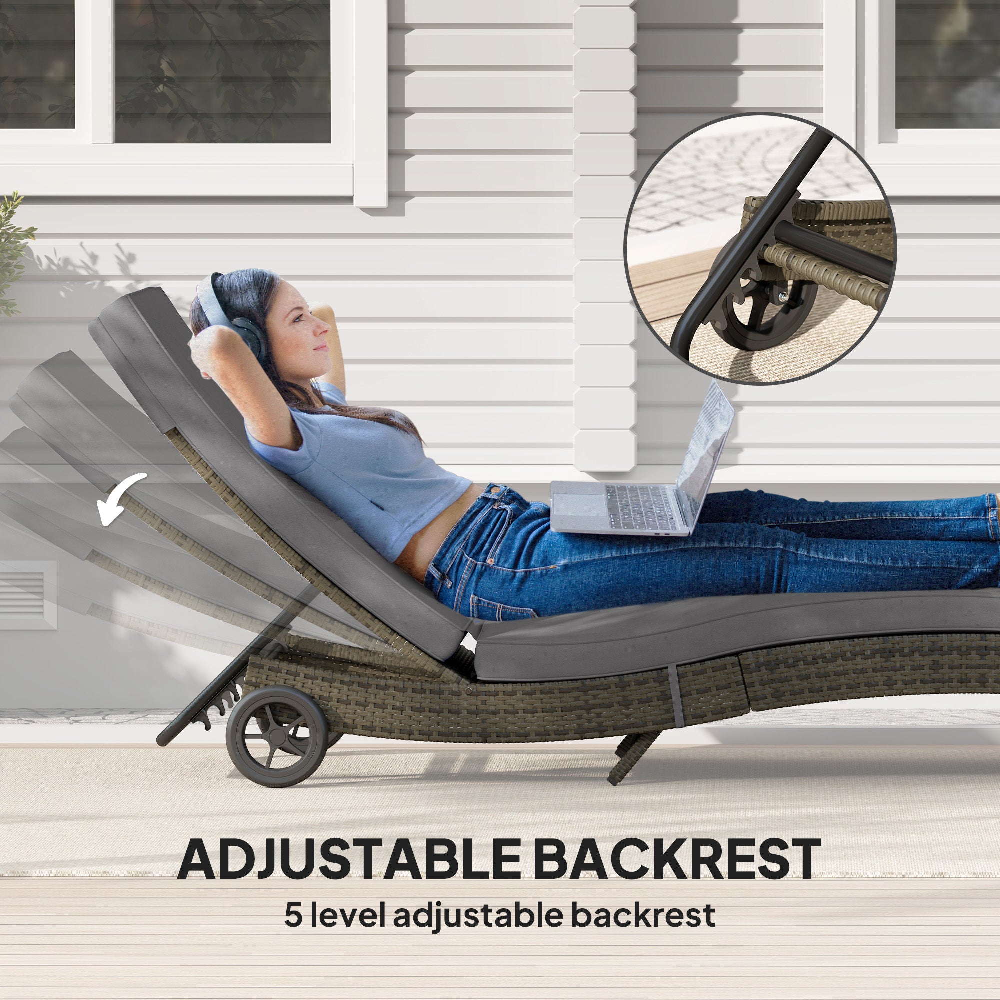 Patio Wicker Chaise Lounge Chair, Outdoor PE Rattan Sun Lounger With Adjustable Backrest And 2 Wheels, Gray