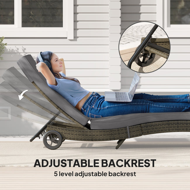 Patio Wicker Chaise Lounge Chair, Outdoor PE Rattan Sun Lounger With Adjustable Backrest And 2 Wheels, Gray