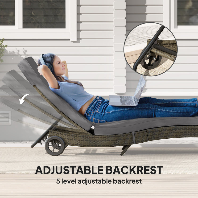 Patio Wicker Chaise Lounge Chair, Outdoor PE Rattan Sun Lounger With Adjustable Backrest And 2 Wheels, Gray