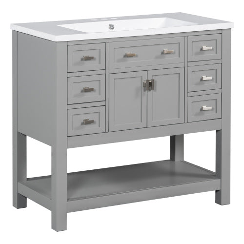 36'' Bathroom Vanity With Top Sink, Modern Mirror Cabinet With Towels Bar, Bathroom Storage Cabinet With 2 Soft Closing Doors And 6 Drawers, Single Sink Bathroom Vanity