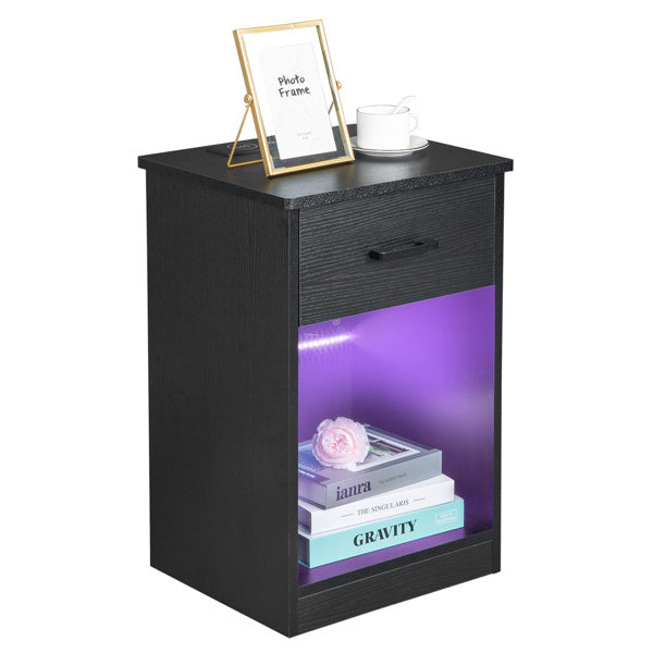 Black Single Drawer Bedside Table With Socket And LED Light