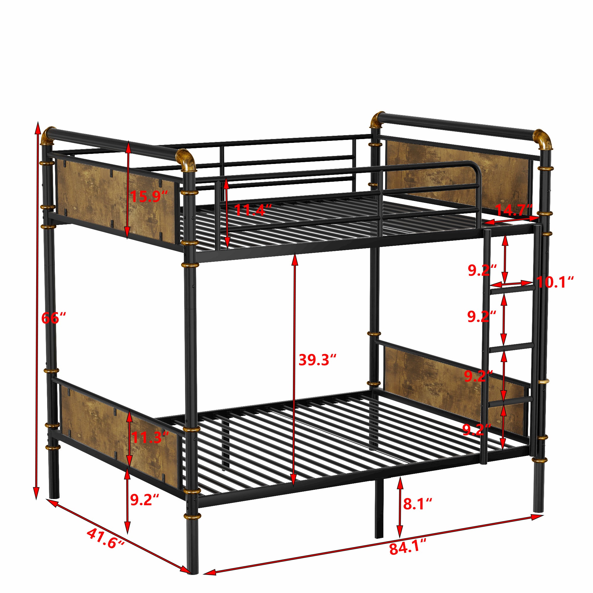 Double Bed Plus Double Bed Plus Metal Bunk Bed, Industrial Grade Detachable Bunk Bed With Safety Railing, Suitable For Teenagers, Black,