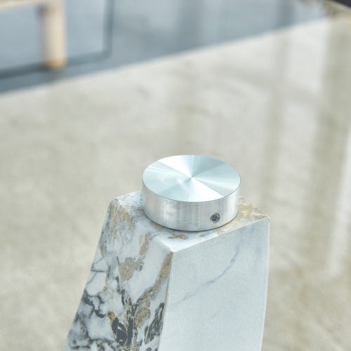 Modern Minimalist Transparent Tempered Glass Coffee Table With Marble Patterned MDF Legs And Stainless Steel Decorative Columns. Computer Desk. Game Table. CT-907