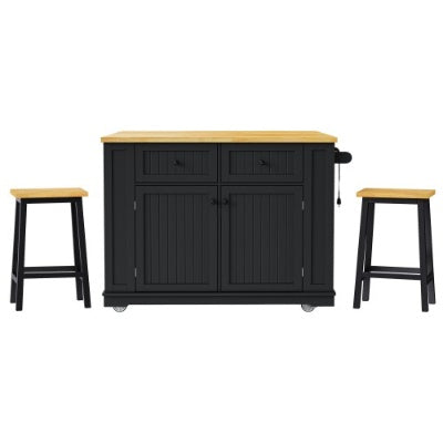Large Kitchen Island With 2 Bar Stools, Power Outlet, Door Internal Storage Rack, Kitchen Storage Cart On 5 Wheels With Drop Leaf, 5 Open Side Racks, 2 Drawers,for Kitchen,Dining Room