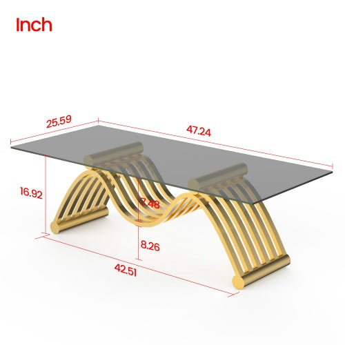 47 Rectangle Modern Stainless Steel Coffee Table, Water Ripple Tempered Glass Coffee Table, Center Table, For Living Room Home Office, Easy Assembly, Gold