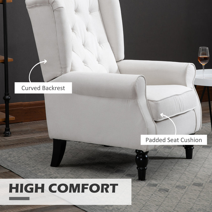 Cream White High Back Accent Chair With Wooden Legs, Removable Cushion For Living Room, Club, Bedroom