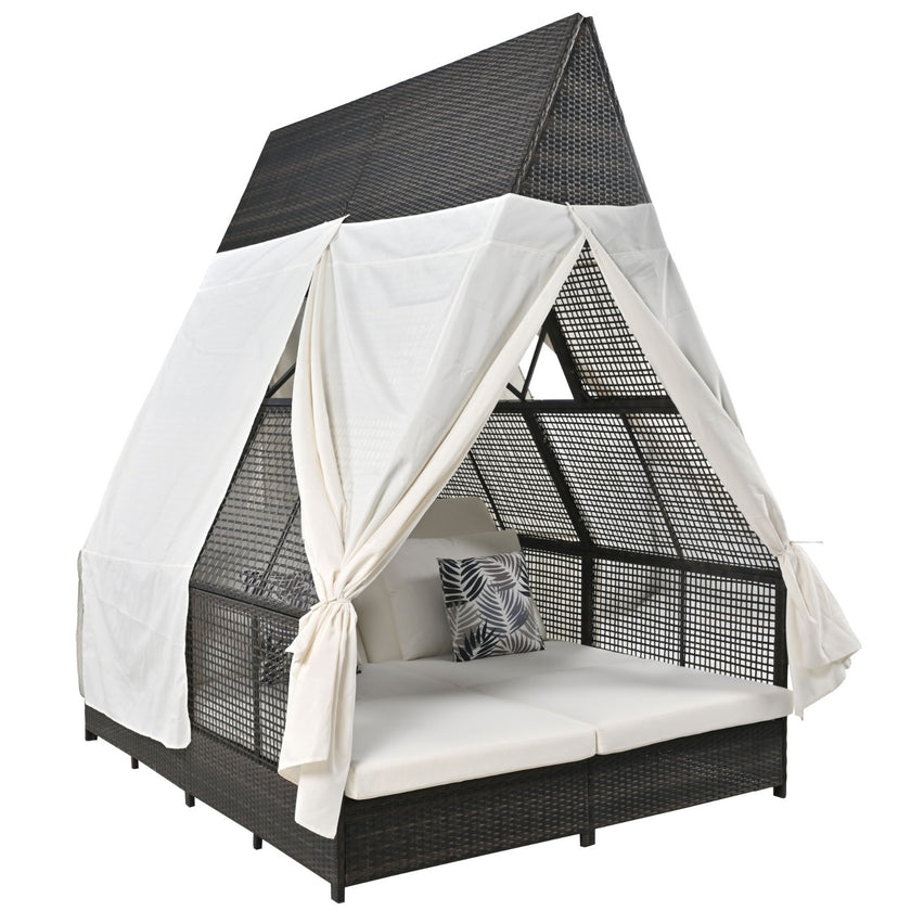 Outdoor Daybed With Adjustable Backrest And Curtains, Double Sun Lounger