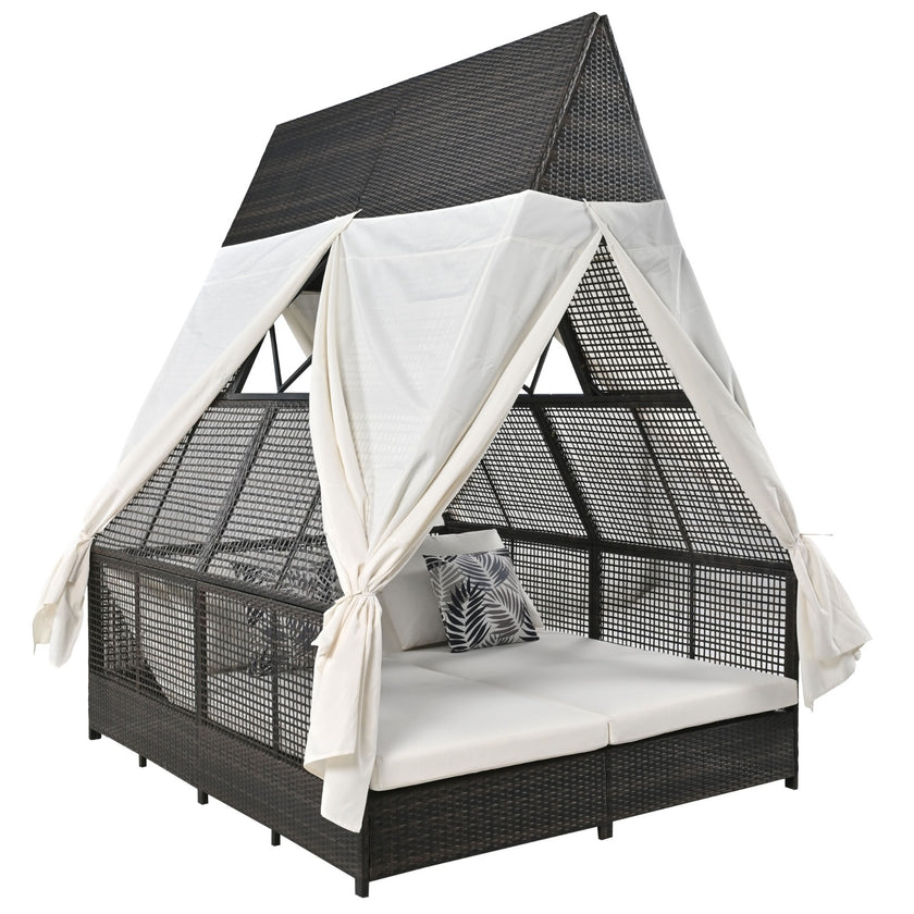 Outdoor Daybed With Adjustable Backrest And Curtains, Double Sun Lounger