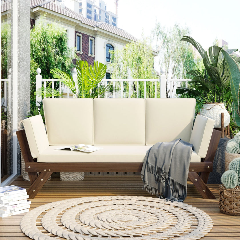 TOPMAX Outdoor Adjustable Patio Wooden Sofa Chaise Lounge With Cushions For Small Places, Bro