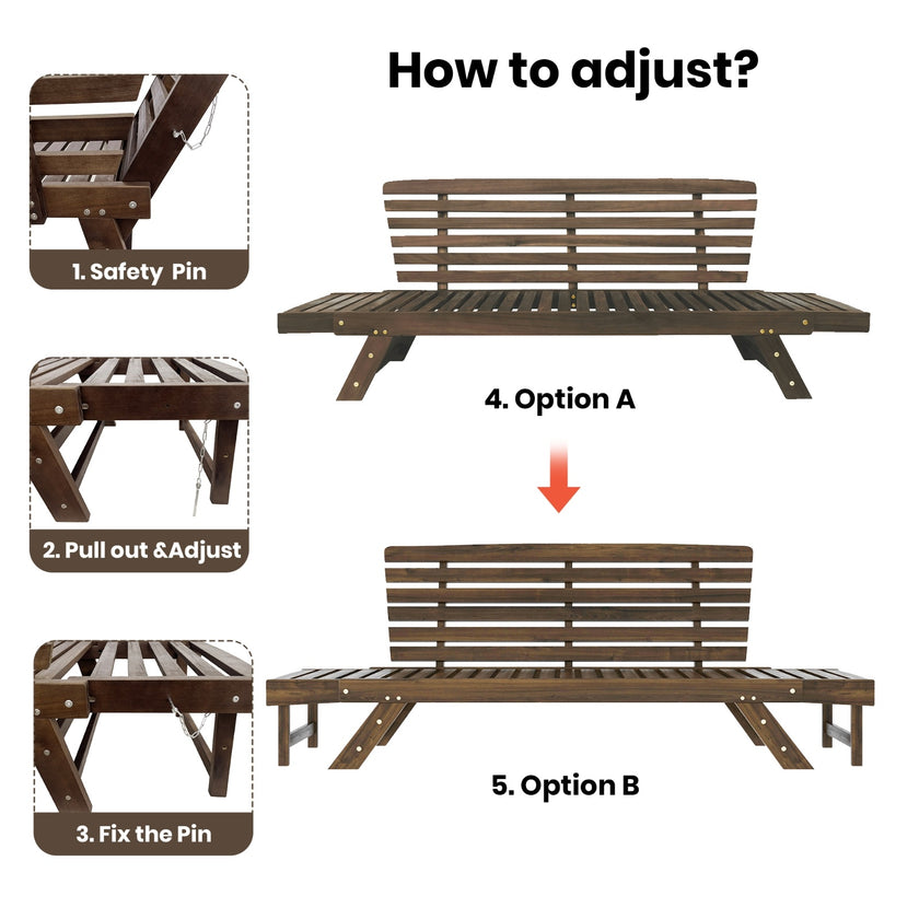 TOPMAX Outdoor Adjustable Patio Wooden Sofa Chaise Lounge With Cushions For Small Places, Bro