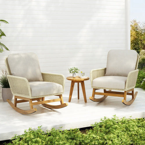 Contemporary Minimalist Ivory Wicker Rocking Chair With Soft Polyester Cushions And Durable Wooden Frame, Perfect For Indoor And Outdoor Spaces Like Patio, Balcony, Or Living Room