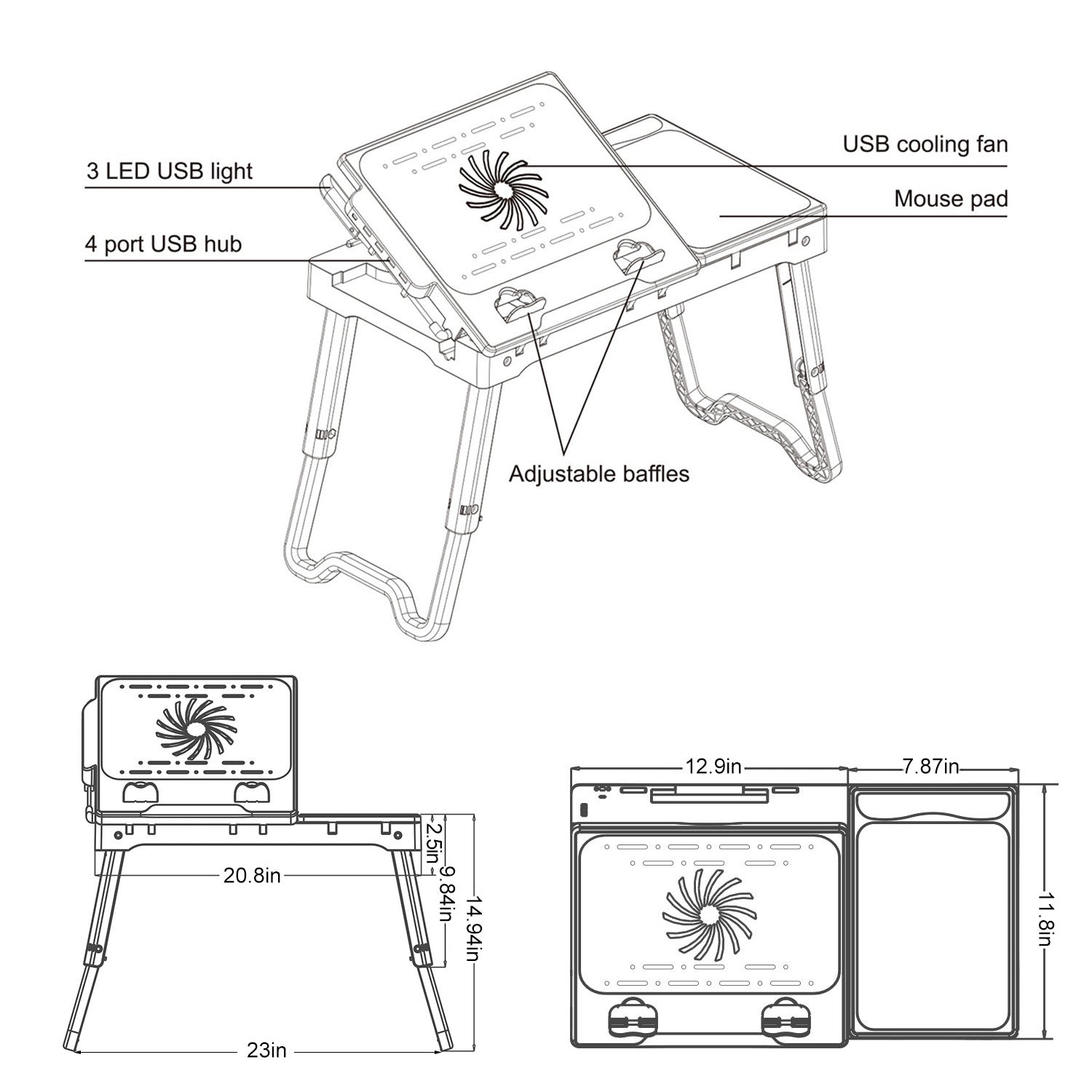 1Pc Foldable Laptop Table Bed Notebook Desk With Cooling Fan Mouse Board LED Light 4 USB Ports Breakfast Snacking Tray With Storage Groove For Home Office Use