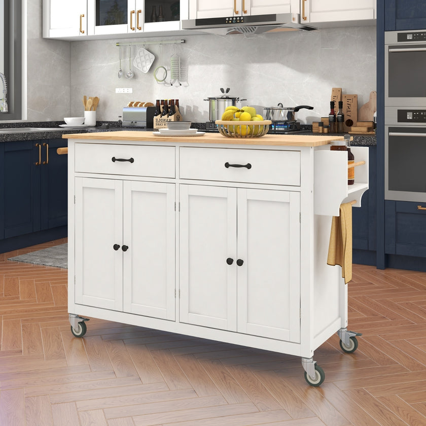 54.3Kitchen Island Cart Solid Wood Top, Locking Wheels, 4-Door Cabinet
