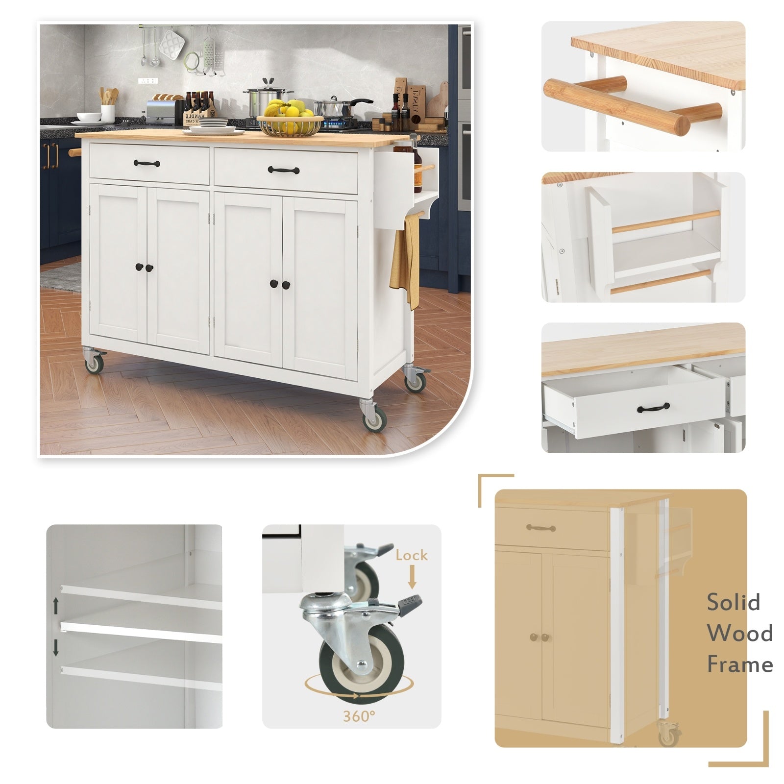 54.3Kitchen Island Cart Solid Wood Top, Locking Wheels, 4-Door Cabinet
