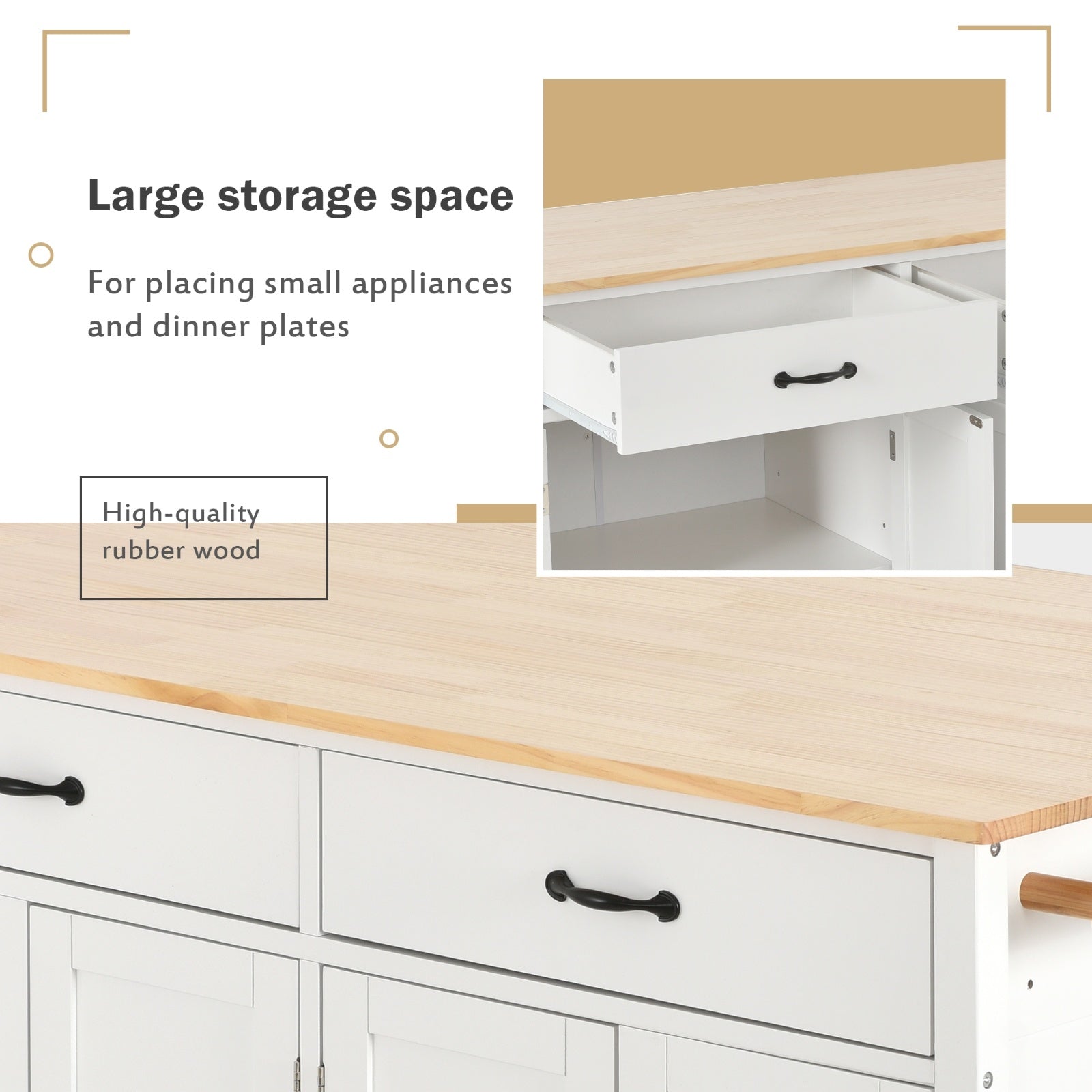 54.3Kitchen Island Cart Solid Wood Top, Locking Wheels, 4-Door Cabinet