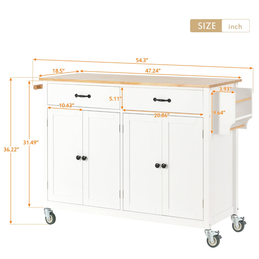54.3Kitchen Island Cart Solid Wood Top, Locking Wheels, 4-Door Cabinet