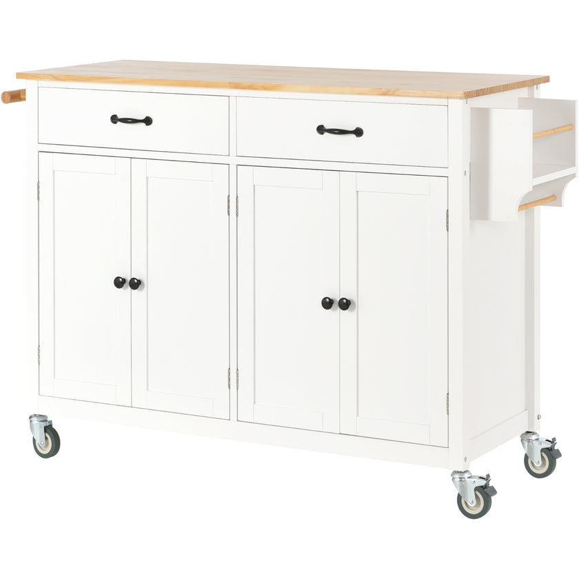 54.3Kitchen Island Cart Solid Wood Top, Locking Wheels, 4-Door Cabinet