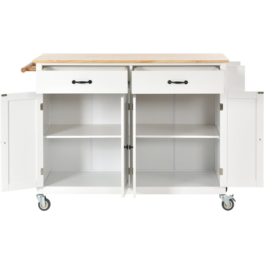 54.3Kitchen Island Cart Solid Wood Top, Locking Wheels, 4-Door Cabinet