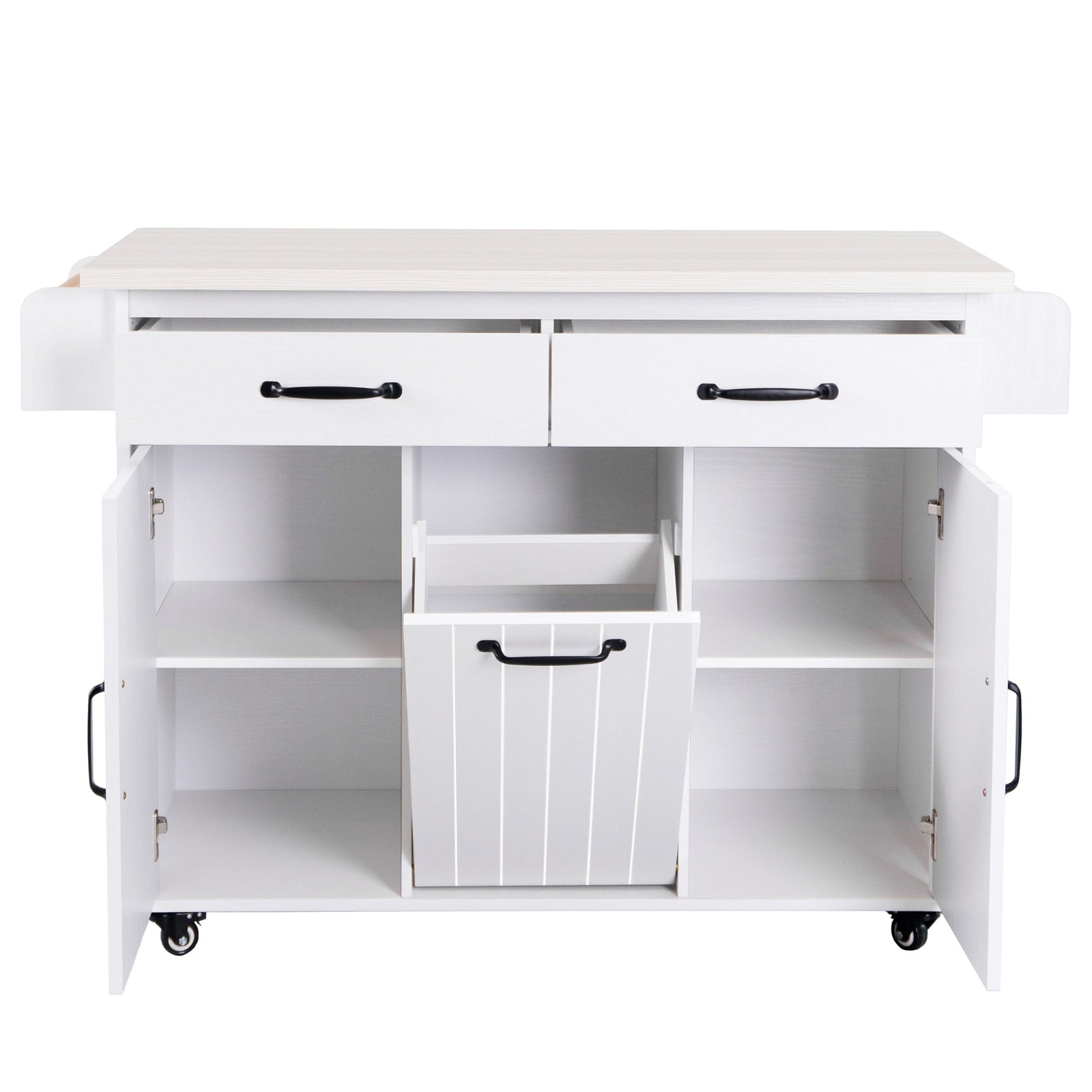 K K Kitchen Island With Trash Can Storage Cabinet, Kitchen Cart With Drop Leaf, Spice Rack, Towel Ra
