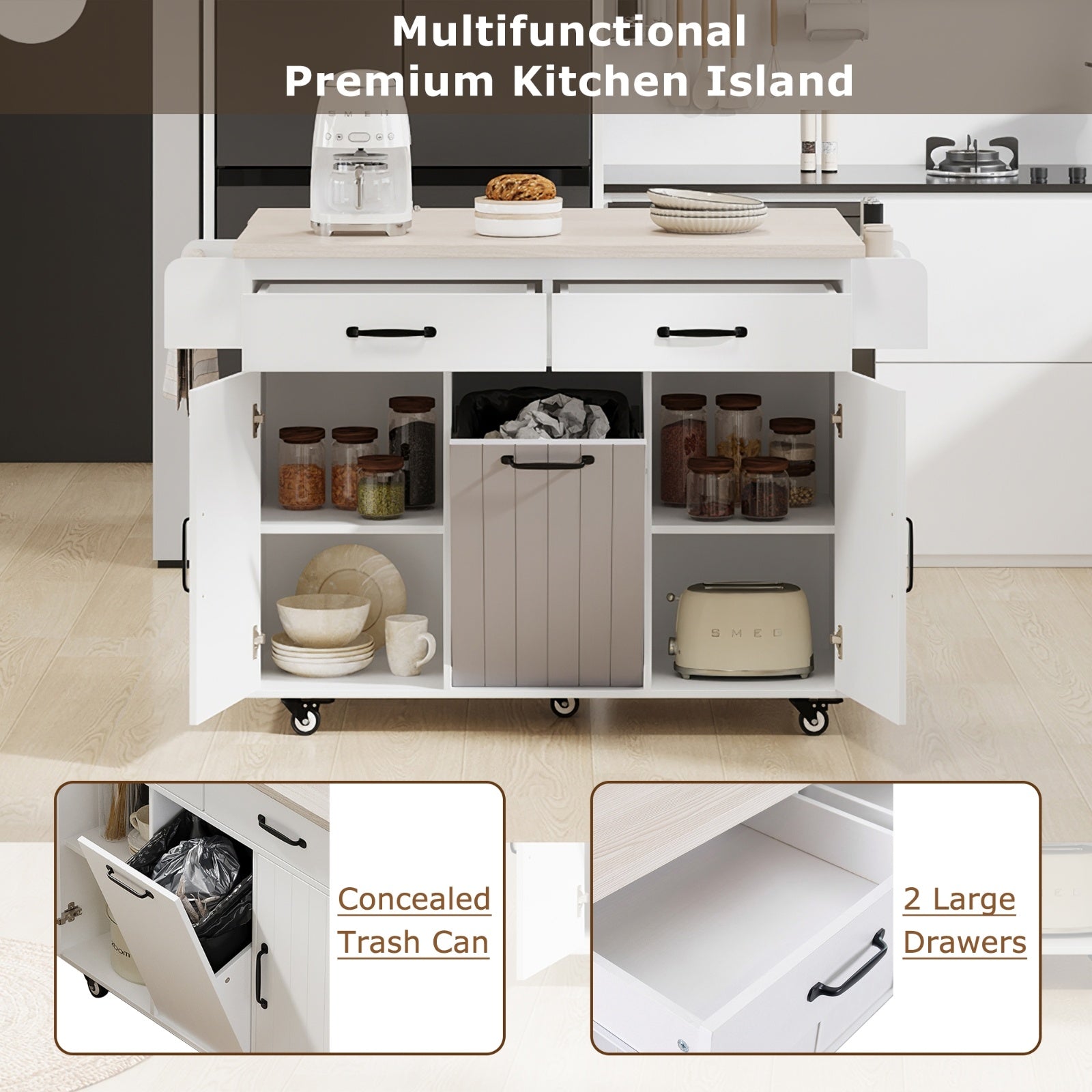 K K Kitchen Island With Trash Can Storage Cabinet, Kitchen Cart With Drop Leaf, Spice Rack, Towel Ra