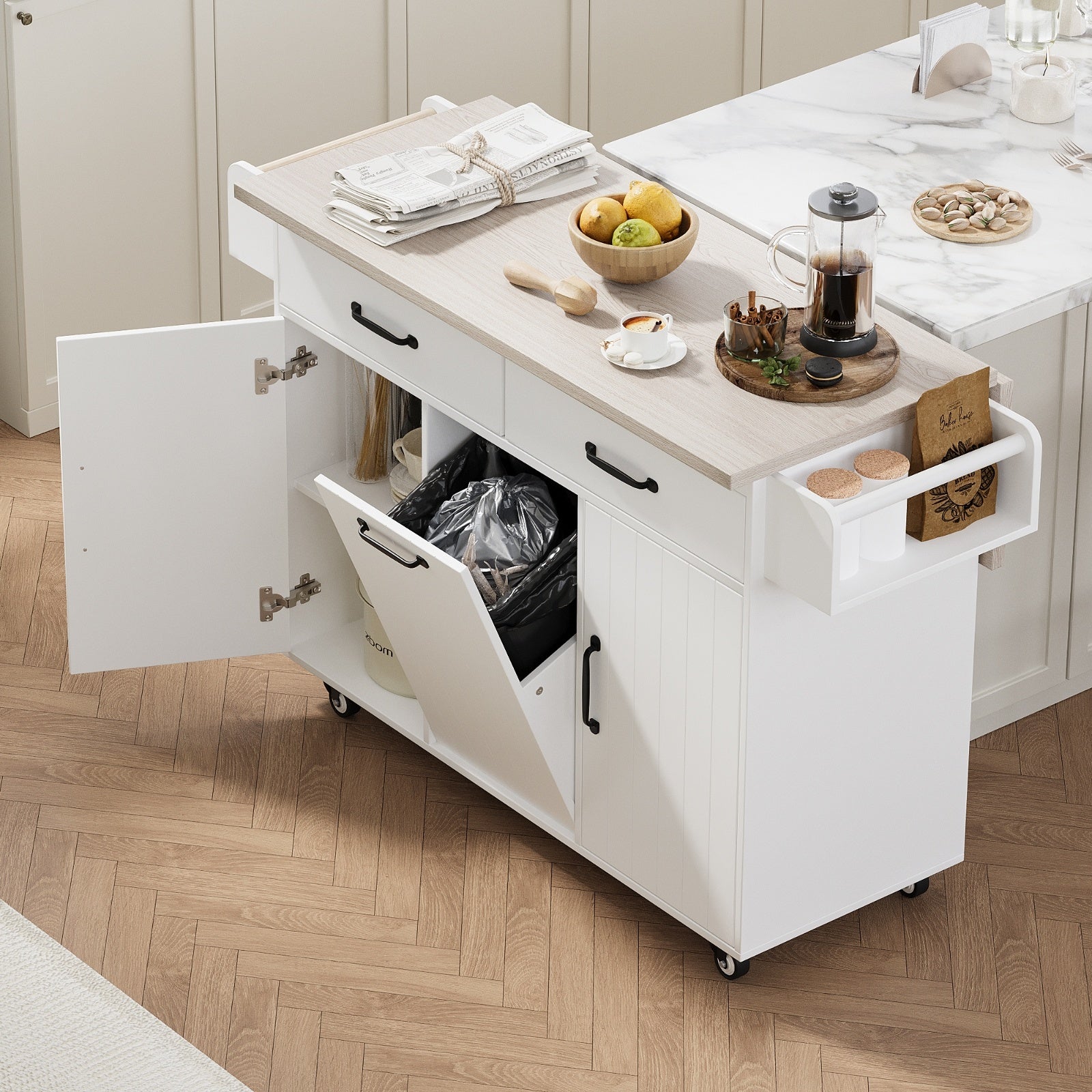 K K Kitchen Island With Trash Can Storage Cabinet, Kitchen Cart With Drop Leaf, Spice Rack, Towel Ra
