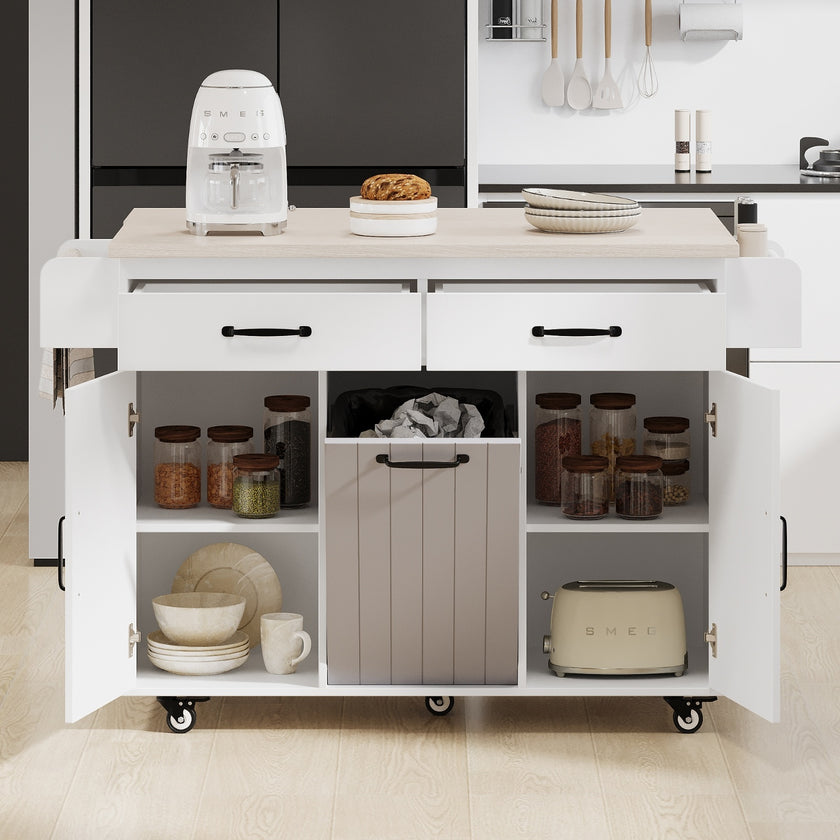 K K Kitchen Island With Trash Can Storage Cabinet, Kitchen Cart With Drop Leaf, Spice Rack, Towel Ra