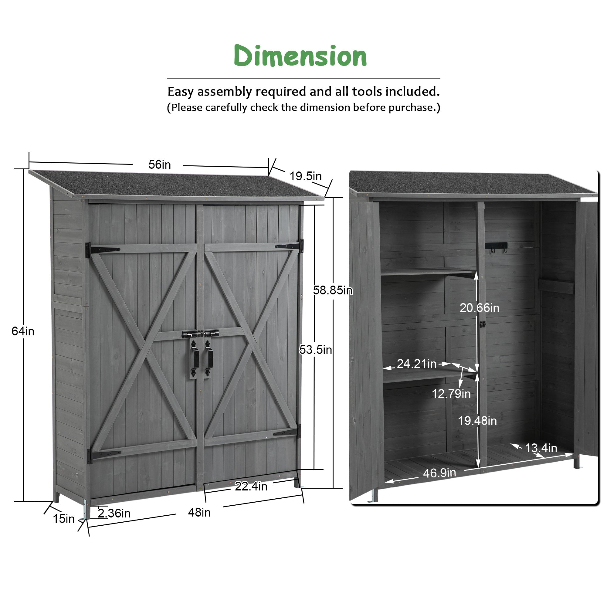 56L X 19.5W X 64H In Outdoor Storage Shed With Lockable Door,Wooden Tool Storage Shed With Detachable Shelves And Pitch Roof